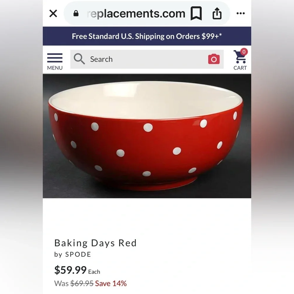 Spode Red and White Polka Dot 9.5” Serving Bowl EUC